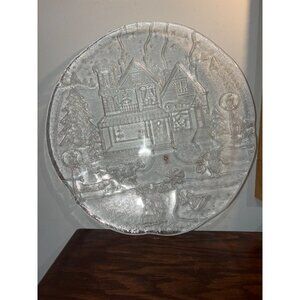 Vintage Vetreria Etrusca Made In Italy Frosted Glass Plate With Winter Scene
